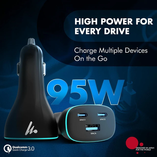 Alt view image 2 of 7 - PD 95W Superfast Charging 2.0 Car Charger with 2XType C & USB-A PPS & QC 3.0 Triple Port (65W + 30W + 18W) 12V24V Compatible Multi-Layer Protection 2-Years Manufacturer Warranty
