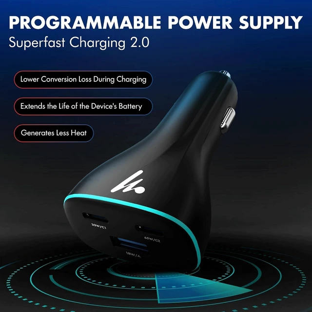 Alt view image 3 of 7 - PD 95W Superfast Charging 2.0 Car Charger with 2XType C & USB-A PPS & QC 3.0 Triple Port (65W + 30W + 18W) 12V24V Compatible Multi-Layer Protection 2-Years Manufacturer Warranty