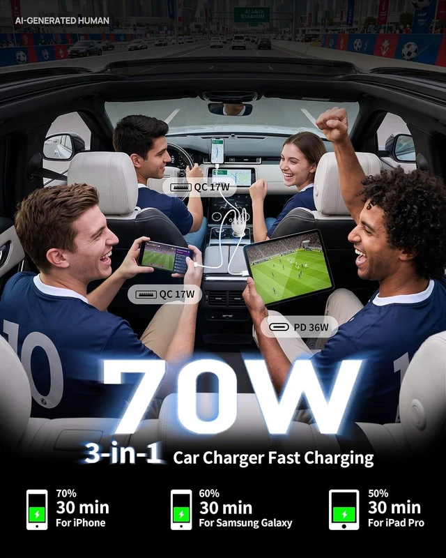 Alt view image 3 of 7 - 3-Port 70W Fast Car Charger for iPhone 14 13 12 11 Pro Max SE XR XS X 8 7 6