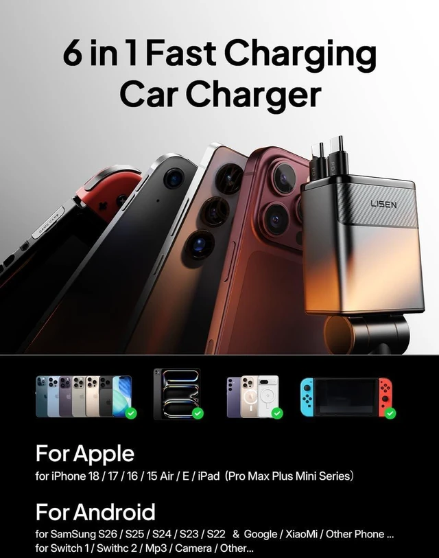 Alt view image 5 of 7 - 138W Retractable USB C Car Charger Fast Charge 6-Port for iPhone 18