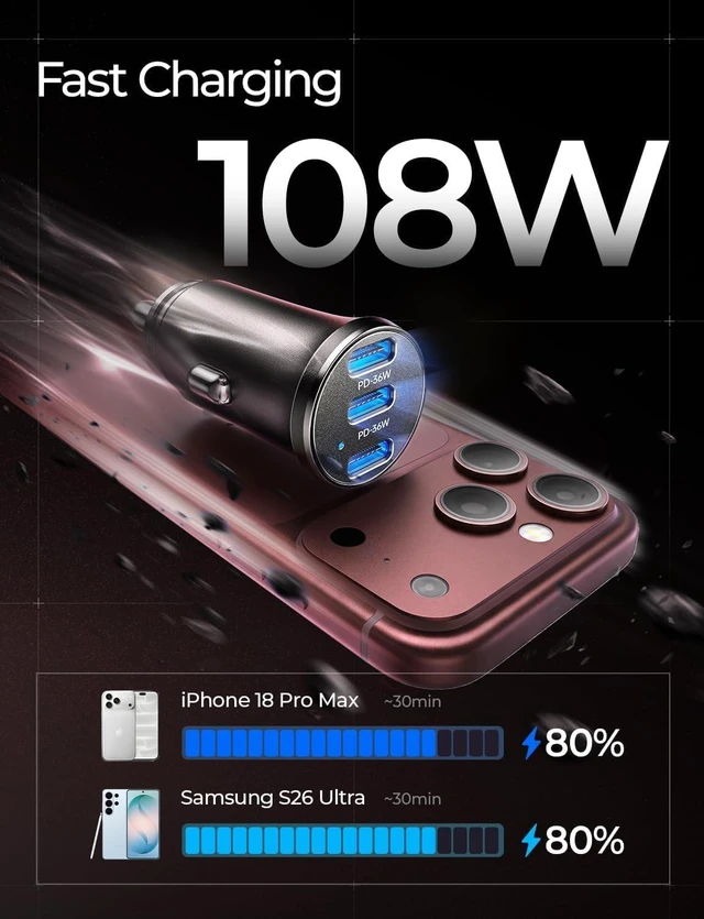 Alt view image 2 of 7 - 108W Car Charger USB C 3-Port Cigarette Lighter Adapter Fast Charge