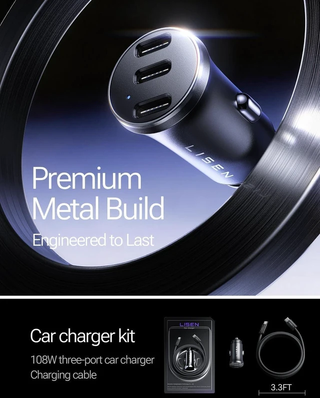 Alt view image 7 of 7 - 108W Car Charger USB C 3-Port Cigarette Lighter Adapter Fast Charge