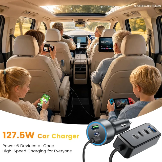 Alt view image 2 of 7 - 127.5W Fast USB C Car Charger Multiple Ports 6 Port Road Trip Essentials