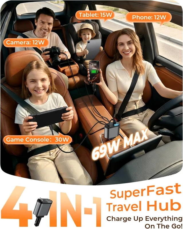 Alt view image 4 of 7 - 4 in 1 Retractable Car Charger USB C Fast Charging Adapter Black