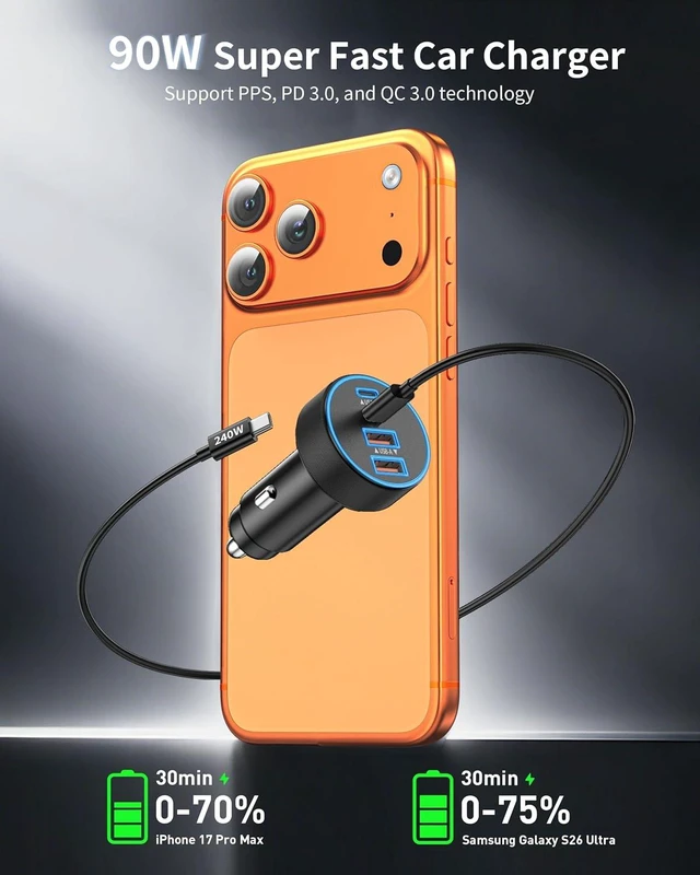 Alt view image 2 of 7 - iPhone Duo/18 Pro Max/18 Pro Car Charger 90W 4-Port Fast USB C Car Charger
