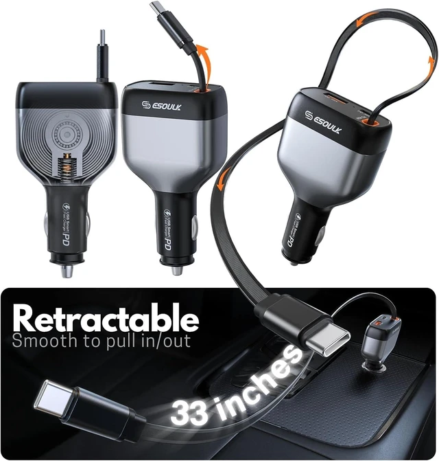 Alt view image 2 of 7 - 81W Retractable Car Charger 45W USB-C Cable 3-Port Fast Charger