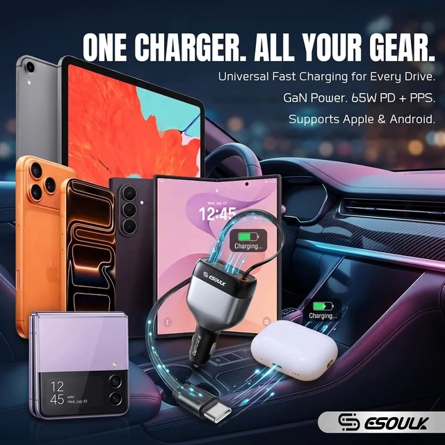 Alt view image 5 of 7 - 81W Retractable Car Charger 45W USB-C Cable 3-Port Fast Charger