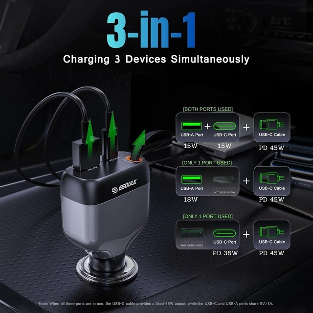 Alt view image 7 of 7 - 81W Retractable Car Charger 45W USB-C Cable 3-Port Fast Charger