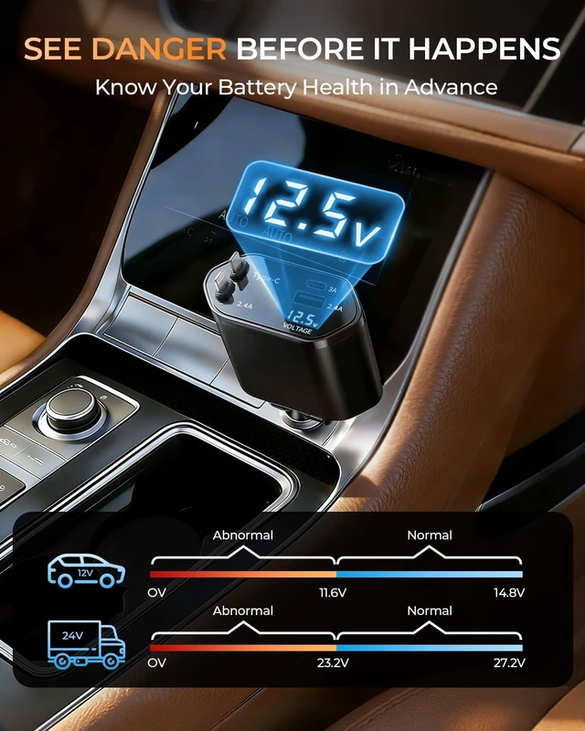 Alt view image 7 of 7 - 4 in 1 Retractable Car Charger USB C Fast Charging Adapter Black