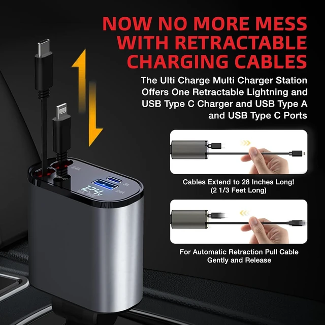 Alt view image 3 of 7 - Ulti Charge iPhone Car Charger USB C Fast Charge Retractable 120W 4-Port