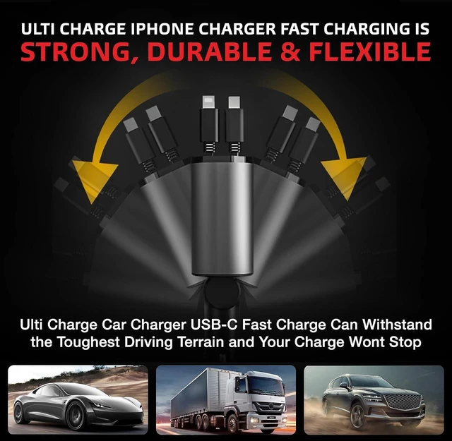Alt view image 5 of 7 - Ulti Charge iPhone Car Charger USB C Fast Charge Retractable 120W 4-Port