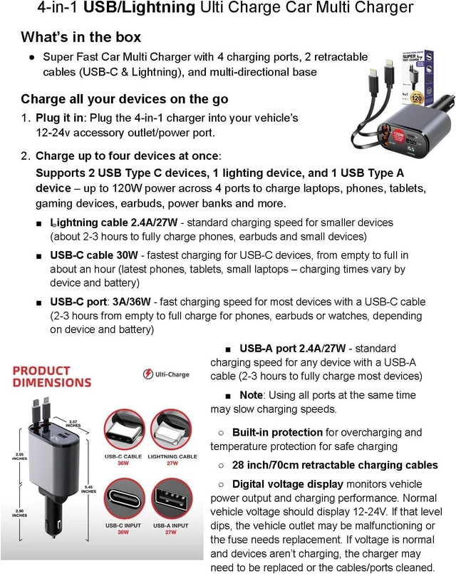 Alt view image 7 of 7 - Ulti Charge iPhone Car Charger USB C Fast Charge Retractable 120W 4-Port