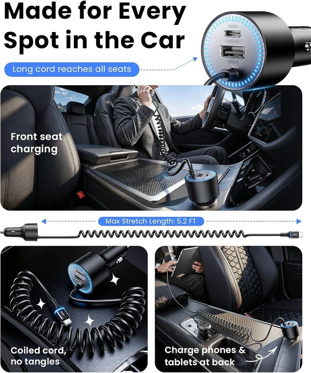 Alt view image 7 of 7 - 200W Car Charger USB C Fast Charge PD 100W Type C Car Fast Charger
