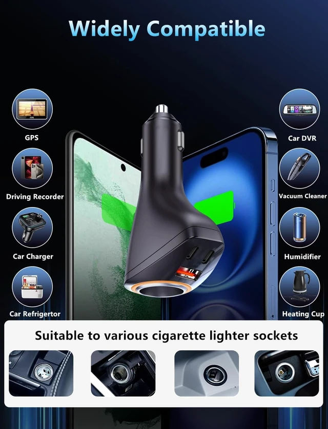 Alt view image 5 of 7 - 4 in 1 USB C Car Charger 170W Multi USB Cigarette Lighter Adapter