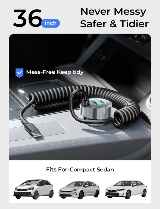 Alt view image 2 of 7 - 65W for iPhone 17 Pro Max Car Charger USB C Fast Charging Super Fast iPhone 16/17 Pro Car Charger Type C Adapter Fit iPhone 17 Air ProMax Plus/16/15 Galaxy S25/24 Sliver 36 inch