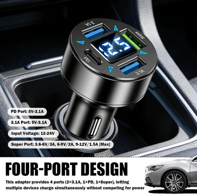 Alt view image 3 of 7 - 4 Ports Car Charger Adapter 12V/24V Car Cigarette Lighter USB Charger Including 3.1A/PD/Super Fast Charging Ports Upgraded Cars Phone Chargers with LED Voltage Display & Soft Light