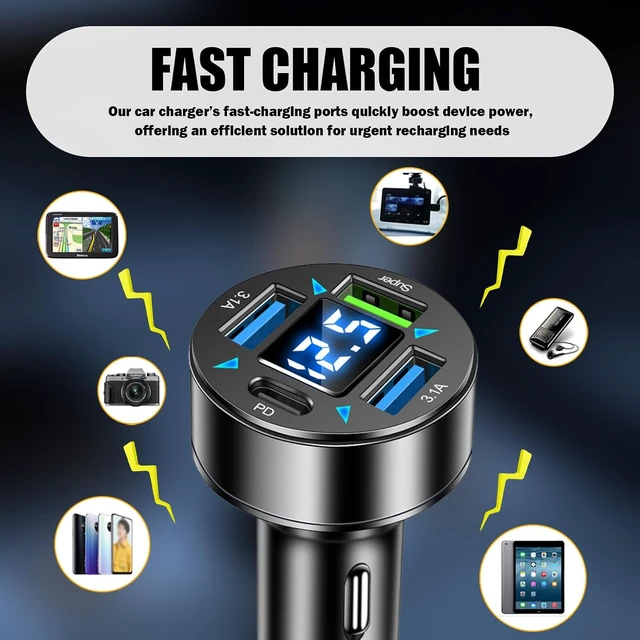 Alt view image 4 of 7 - 4 Ports Car Charger Adapter 12V/24V Car Cigarette Lighter USB Charger Including 3.1A/PD/Super Fast Charging Ports Upgraded Cars Phone Chargers with LED Voltage Display & Soft Light