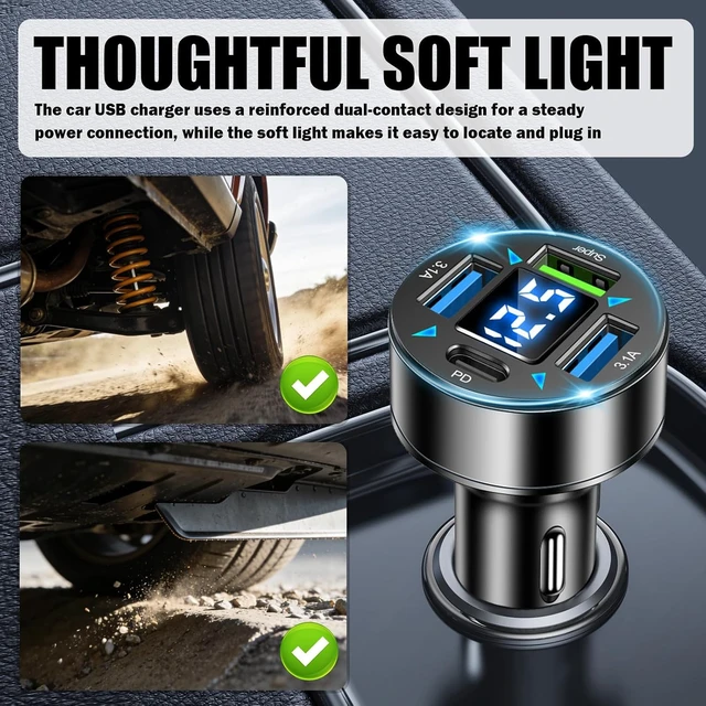 Alt view image 6 of 7 - 4 Ports Car Charger Adapter 12V/24V Car Cigarette Lighter USB Charger Including 3.1A/PD/Super Fast Charging Ports Upgraded Cars Phone Chargers with LED Voltage Display & Soft Light