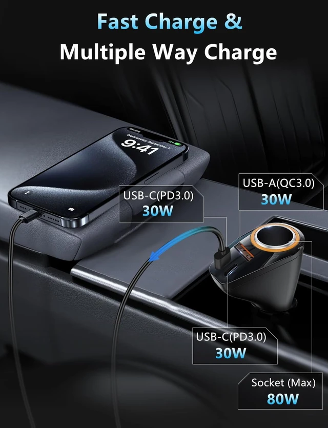 Alt view image 2 of 7 - 4 in 1 USB C Car Charger 170W Multi USB Cigarette Lighter Adapter