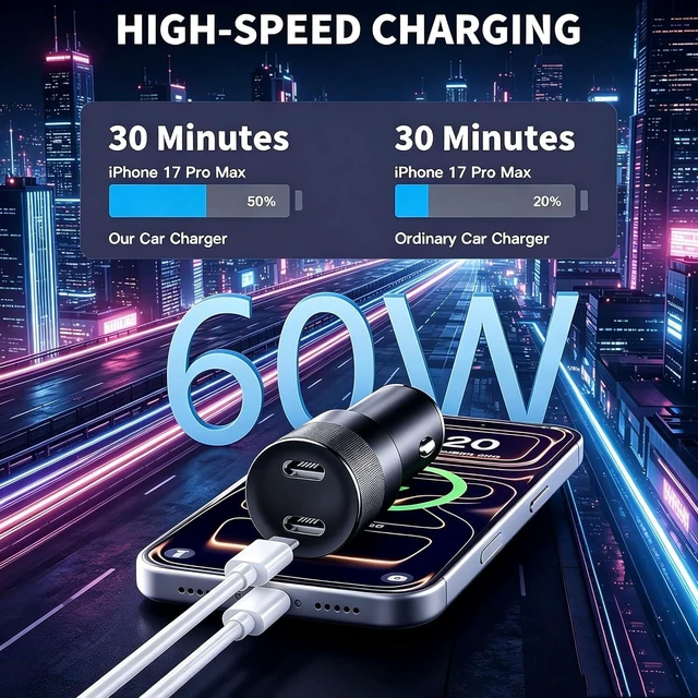 Alt view image 3 of 7 - 2Pack USB C Car Charger 60W Dual Port Power Fast Car Phone Charger Adapter
