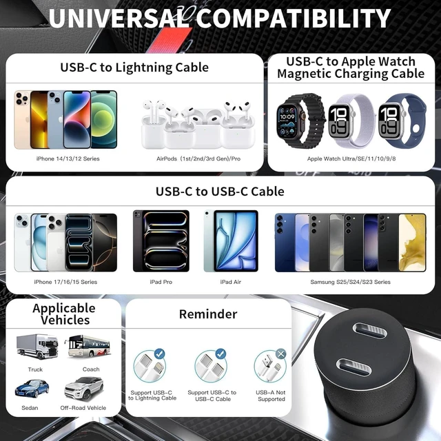 Alt view image 7 of 7 - 2Pack USB C Car Charger 60W Dual Port Power Fast Car Phone Charger Adapter