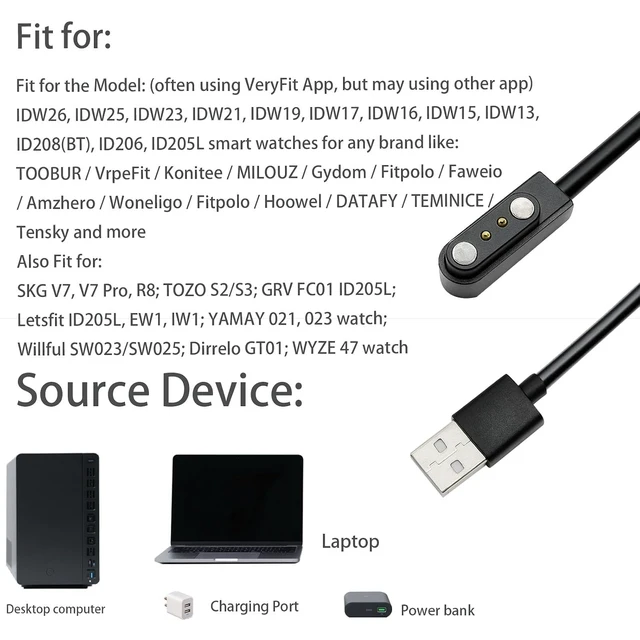 Alt view image 6 of 6 - Charger Compatible with VeryFitPro Fitpolo Tozo and YAMAY Smartwatches Including Models SW025 Letsfit ID205L Replaceable Magnetic USB Cable Smart Watch Fast Charging Cable (2 Black)