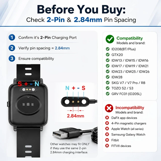 Alt view image 4 of 7 - 3Pack Smart watch Charger 2-Pin USB Magnetic Charging Cable for SmartWatch