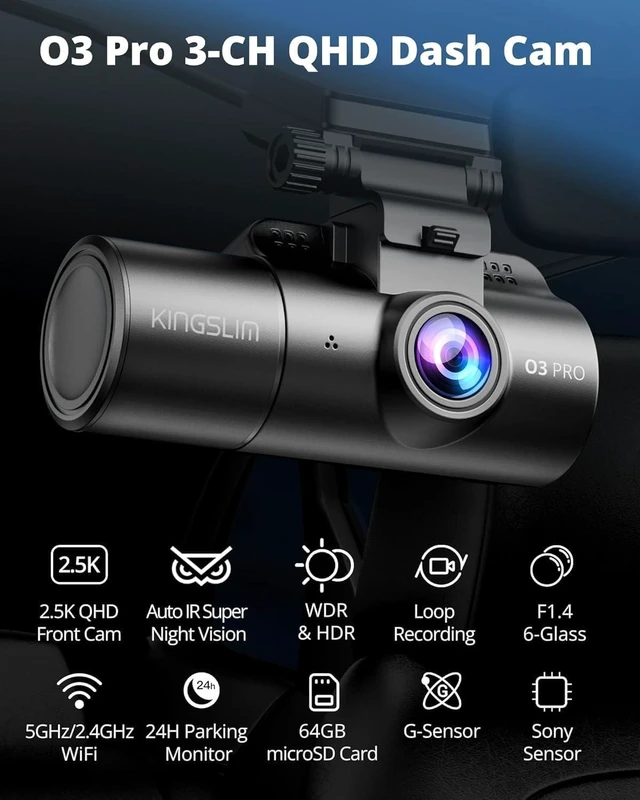 Alt view image 2 of 7 - Kingslim 3 Channel 5G WiFi Dash Cam with 64GB Card, 2.5K/1080P Front and Rear Inside Dashcam, 2.5K/1080P/1080P Three Way Dash Camera for Cars Auto IR Night Vision, Loop Recording, APP Control(O3PRO)