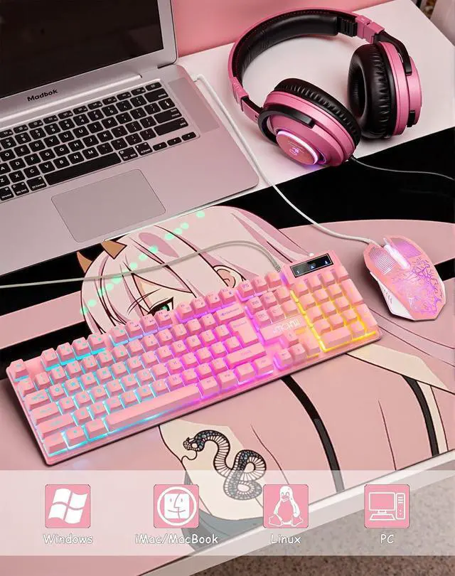 Alt view image 7 of 7 - Wired Pink Gaming Keyboard and Mouse Combo with LED Backlit for PC Laptop | Multimedia Function Keys, 19 Key Anti-ghosting, Number Pad, 104 Keys Light Up Keyboard & RGB Mouse Set for Computer PS5 Xbox