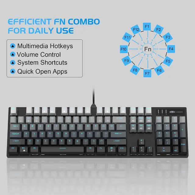 Alt view image 3 of 7 - MageGee MK-Storm Mechanical Gaming Keyboard, 104 Keys Wired Light Up Keyboard with Linear Red Switch, Ice Blue Backlit, Double-Shot Keycaps, N-Key Rollover for Laptop, Desktop, PC (Gradient Gray)