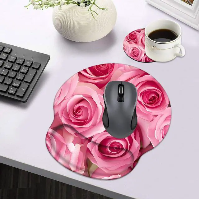 Alt view image 4 of 6 - Ergonomic Mouse Pad Wrist Support with Coasters Set, Cute Large Wrist Rest Pad with Non-Slip PU Base for Laptop Computer Home Office Working Gaming Pain Relief, Pink Roses