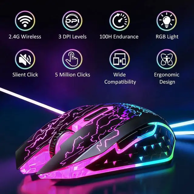 Alt view image 2 of 7 - VersionTECH. Wireless Gaming Mouse, Rechargeable Computer Mouse Mice with Colorful LED Lights, Silent Click, 2.4G USB Nano Receiver, 3 Level DPI for PC Gamer Laptop Desktop Chromebook Mac-Black