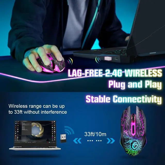 Alt view image 3 of 7 - VersionTECH. Wireless Gaming Mouse, Rechargeable Computer Mouse Mice with Colorful LED Lights, Silent Click, 2.4G USB Nano Receiver, 3 Level DPI for PC Gamer Laptop Desktop Chromebook Mac-Black