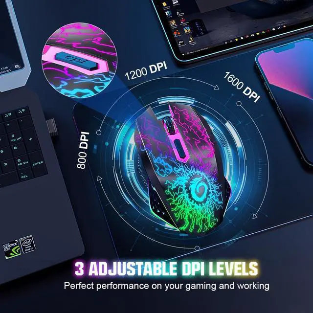 Alt view image 5 of 7 - VersionTECH. Wireless Gaming Mouse, Rechargeable Computer Mouse Mice with Colorful LED Lights, Silent Click, 2.4G USB Nano Receiver, 3 Level DPI for PC Gamer Laptop Desktop Chromebook Mac-Black