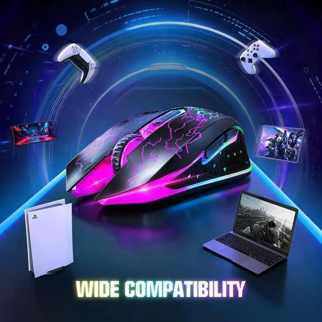 Alt view image 7 of 7 - VersionTECH. Wireless Gaming Mouse, Rechargeable Computer Mouse Mice with Colorful LED Lights, Silent Click, 2.4G USB Nano Receiver, 3 Level DPI for PC Gamer Laptop Desktop Chromebook Mac-Black