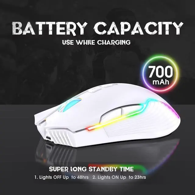 Alt view image 3 of 7 - PHNIXGAM RGB Backlight Rechargeable Wireless Gaming Mouse for PC, White | Ergonomic mouse, up to 3600 DPI, 7 non-programmable buttons, works with Vista/Linux/Mac, 2.4G USB included