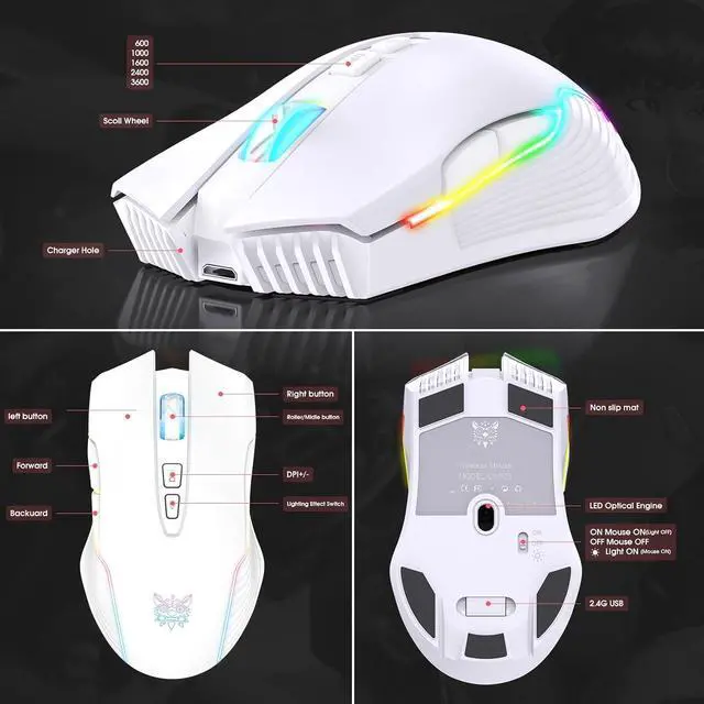 Alt view image 5 of 7 - PHNIXGAM RGB Backlight Rechargeable Wireless Gaming Mouse for PC, White | Ergonomic mouse, up to 3600 DPI, 7 non-programmable buttons, works with Vista/Linux/Mac, 2.4G USB included