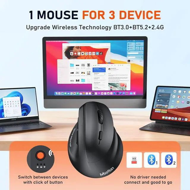 Alt view image 3 of 7 - MEETION Ergonomic Wireless Vertical Mouse, Rechargeable, Black | Bluetooth 5.2 + 3.0 and USB connectivity, RGB backlight, 4 DPI adjustment, compatible with Windows, Mac, Android, PC and iPad