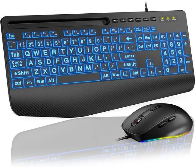 Main image of KM21Pro Wired Keyboard and Mouse Combo, 4X Larger Print Backlit Keys, Palm Rest, Ergonomic Design, USB Plug & Play for Windows PC Laptop, Ideal for Seniors, Students, Home & Office
