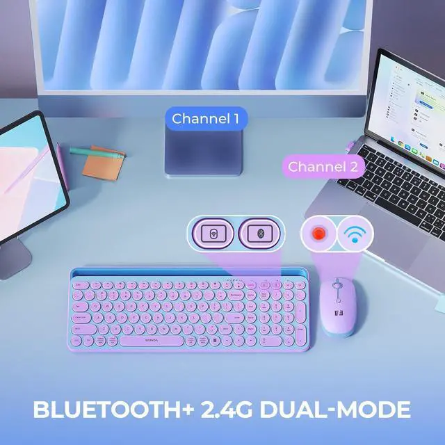 Alt view image 2 of 7 - seenda CTU-301 Bluetooth Keyboard and Mouse Combo for iPad,Blue&Purple | Bluetooth+2.4G combo with tablet holder, full-size keys and quiet clicks for iPad, iPhone, Mac, Windows and Android.