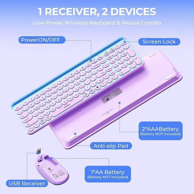 Alt view image 5 of 7 - seenda CTU-301 Bluetooth Keyboard and Mouse Combo for iPad,Blue&Purple | Bluetooth+2.4G combo with tablet holder, full-size keys and quiet clicks for iPad, iPhone, Mac, Windows and Android.