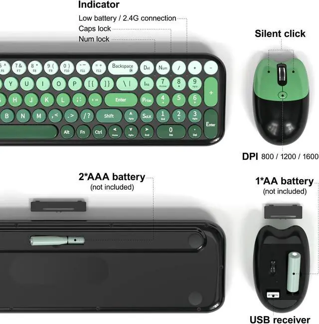 Alt view image 5 of 7 - MOFII Wireless Keyboard and Mouse Combo, Compact Typewriter Retro Round Computer Keyboard and Mouse Set, Plug and Play, for Windows, Computer, Desktop, PC, Notebook - Black Green Gradient