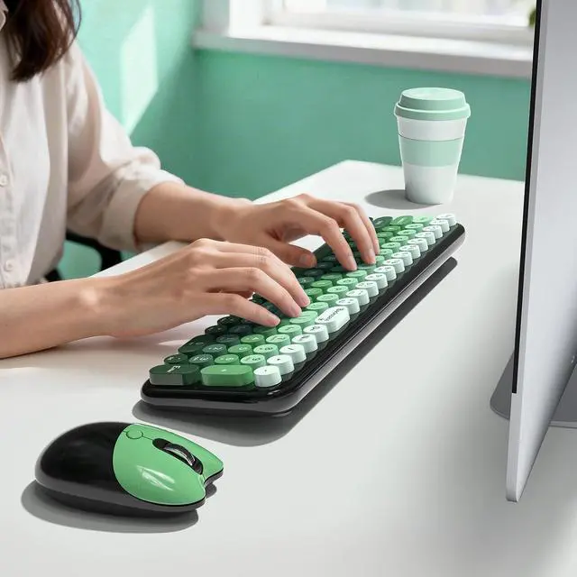 Alt view image 7 of 7 - MOFII Wireless Keyboard and Mouse Combo, Compact Typewriter Retro Round Computer Keyboard and Mouse Set, Plug and Play, for Windows, Computer, Desktop, PC, Notebook - Black Green Gradient