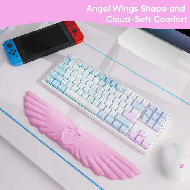 Alt view image 2 of 7 - Angel Wing Cloud Keyboard Wrist Rest, Soft Leather Memory Foam Keyboard Wrist Support for Pain Relief, Ergonomic Anti-Slip Cute Computer Palm Rest for PC Gaming/Laptop/Hand Pad(1-Wing Pink)