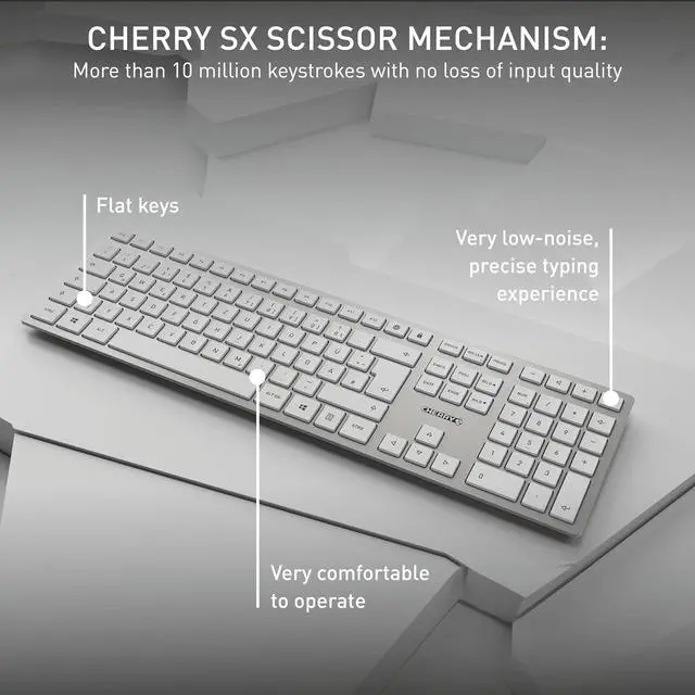 Alt view image 4 of 6 - CHERRY DW 9100 Slim, Wireless Keyboard and Mouse Set, Bluetooth & 2.4 GHz RF Connection, Quiet Keys, Comfortable Writing, Rechargeable, QWERTY, Silver/White