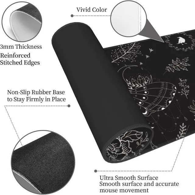 Alt view image 3 of 7 - Moth Gaming Mouse Pad XL Halloween Elements Large Extended Non Slip Rubber Base Desk Mat Stitched Edge Keyboard Mat 31.5x11.8 Inch
