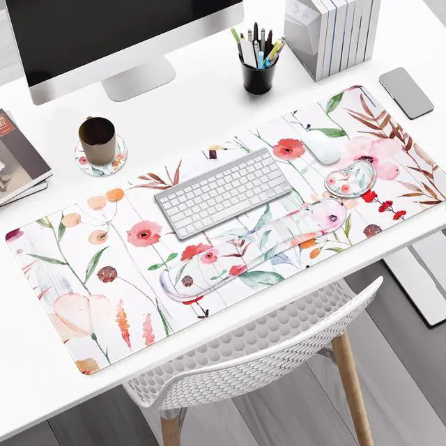 Alt view image 2 of 7 - Large Gaming Mouse Pad Set, 4 in 1 Extended Keyboard Desk Mat with Wrist Rest, PC Computer Game Mousepad Set, Non-Slip Desk Pad Easy Typing Pain Relief for Home Office I Orange Flowers