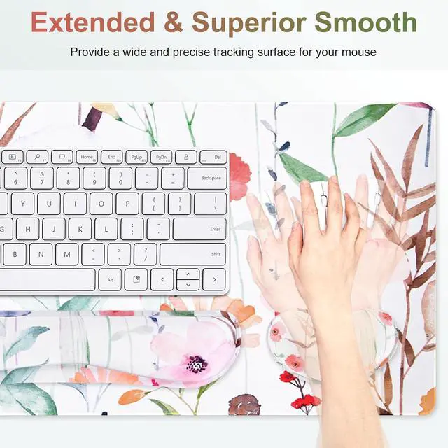 Alt view image 3 of 7 - Large Gaming Mouse Pad Set, 4 in 1 Extended Keyboard Desk Mat with Wrist Rest, PC Computer Game Mousepad Set, Non-Slip Desk Pad Easy Typing Pain Relief for Home Office I Orange Flowers
