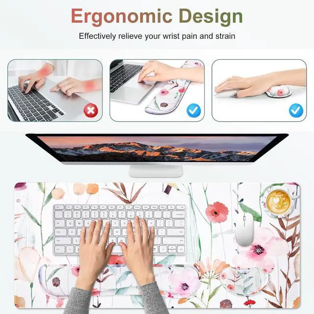 Alt view image 4 of 7 - Large Gaming Mouse Pad Set, 4 in 1 Extended Keyboard Desk Mat with Wrist Rest, PC Computer Game Mousepad Set, Non-Slip Desk Pad Easy Typing Pain Relief for Home Office I Orange Flowers