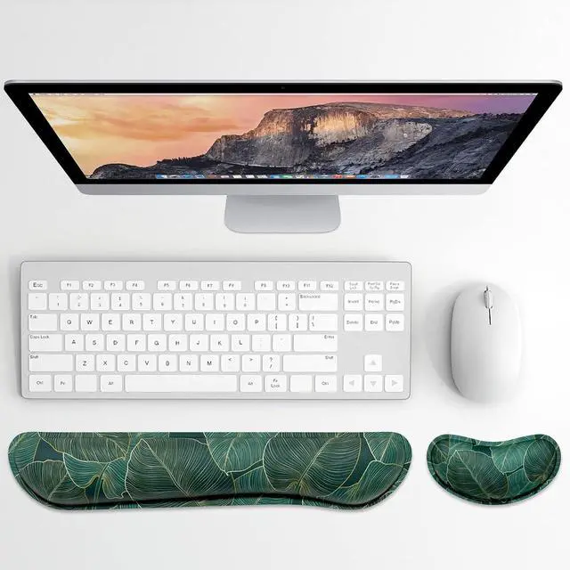 Alt view image 2 of 7 - Dapesuom Enlarge Keyboard Wrist Rest, Memory Foam Wrist Cushion for Desk Mats Support, Cute Pain Relief Keyboard Mouse Pad Rests Set with Non-Slip Base for Gaming Laptop Office Computer, Green Leaf